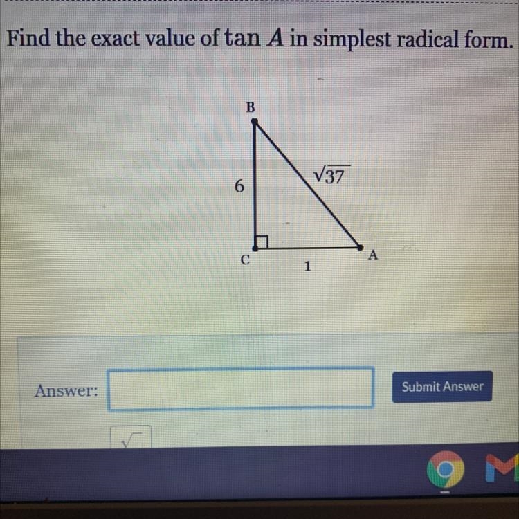 Find the exact value of tan A in simplest radical form.-example-1