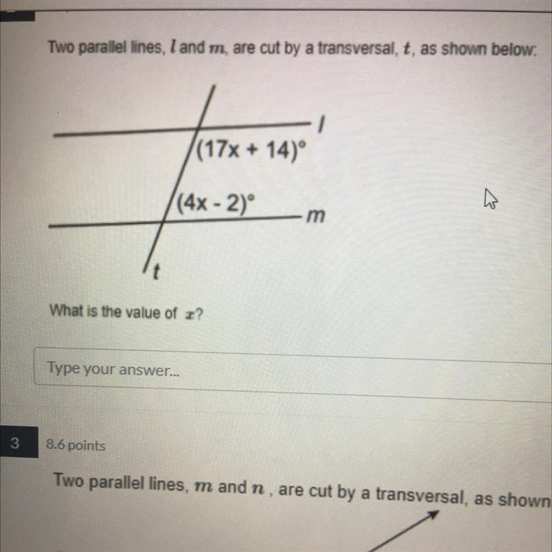 Two parallel lines, I and m, are cut by a transversal, t, as shown below. 1 (17x + 14) ((48-2° m-example-1