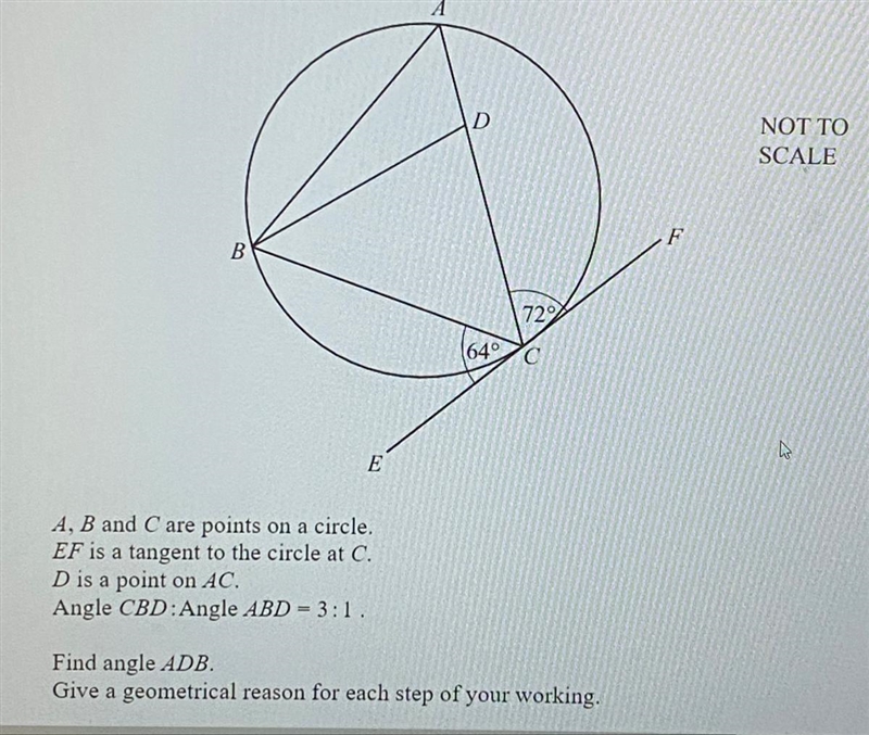 A, B and C are points on a circle. EF is a tangent to the circle at C. D is a point-example-1