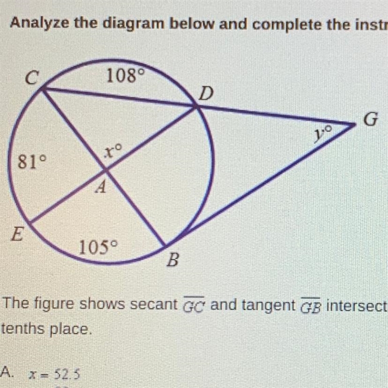 The figure shows secant GC and tangent GB intersecting to form an angle. Find x and-example-1