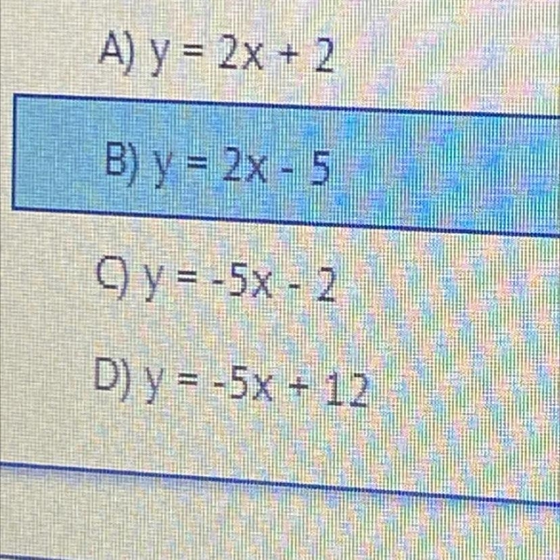 4) A line has a slope of -5 and passes through the point (2, 2). An equation for this-example-1