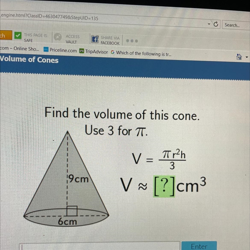 Find the volume of this cone. Use 3 for pi-example-1