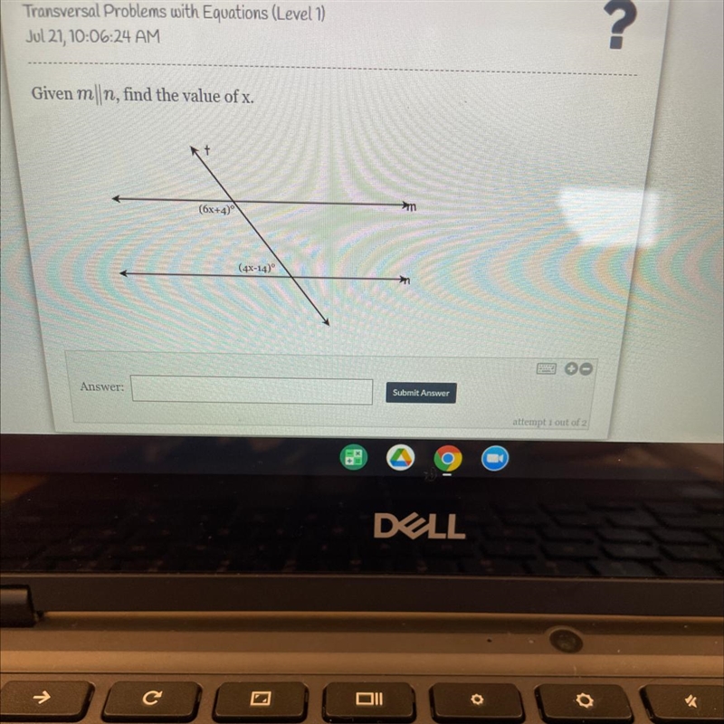 Given m||n, find the value of x. + mm (6x+4) (4x-14) Answer: Submit Answer attempt-example-1