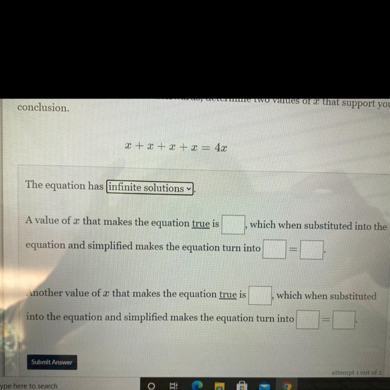 PLEASE HELP!!! 2 + x + x + x = 4x The equation has infinite solutions right?-example-1