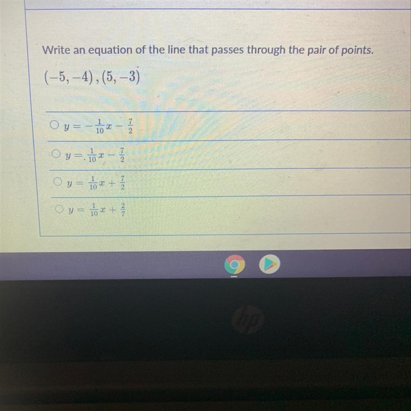 Write an equation of the line that passes through the pair of points. (-5,-4), (5,-3)-example-1