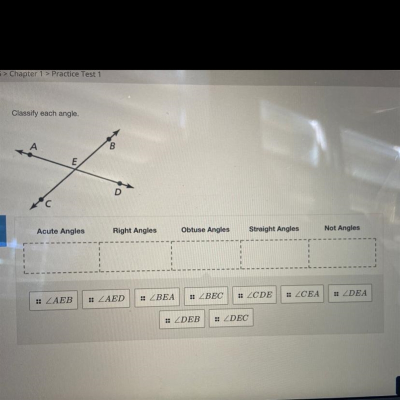 Geometry: Classify each angle Acute Angles Right Angles Obtuse Angles Straight Angles-example-1