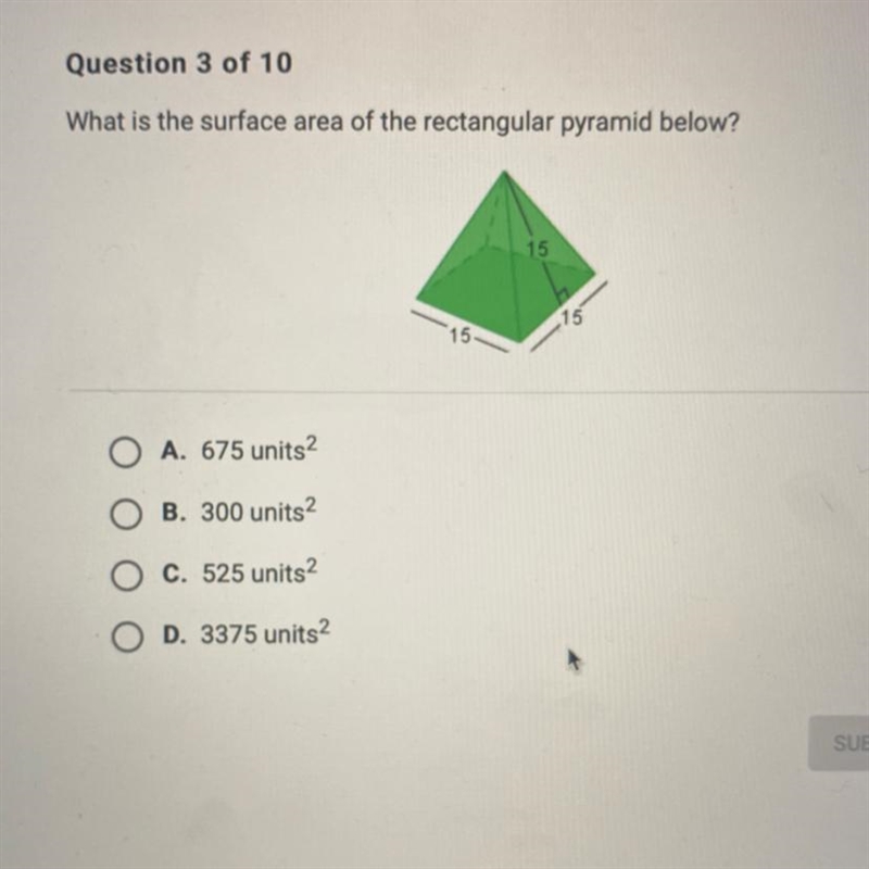 What is the surface area of the rectangle or pyramid below 15 15 15￼-example-1