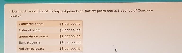 PLSSSS HELLLPPPPPPP How much would it cost to buy 3.4 pounds of Bartlett pears and-example-1