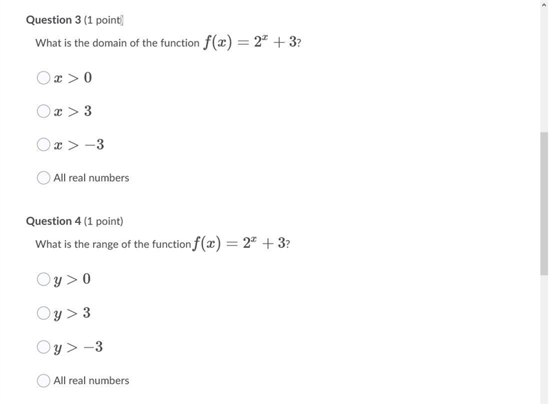 HELPPPPPPPPPPPPPPP Question 3 (1 point) What is the domain of the function f(x)=2x-example-1