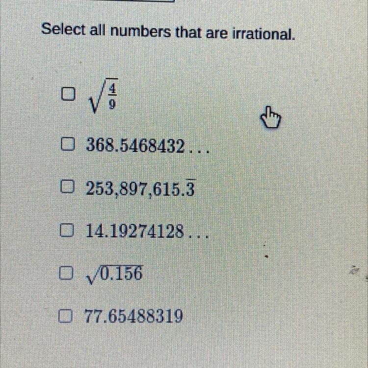 Select all numbers that are irrational.-example-1