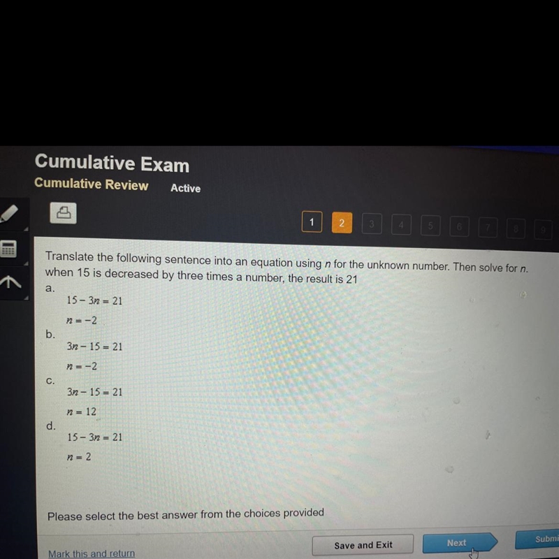 Translate the following sentence into an equation using n for the unknown number. Then-example-1