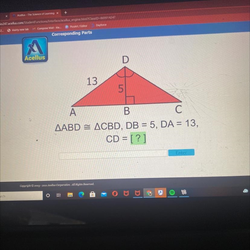 D 13 5 A B С AABD = ACBD, DB = 5, DA = 13, CD = [?]-example-1