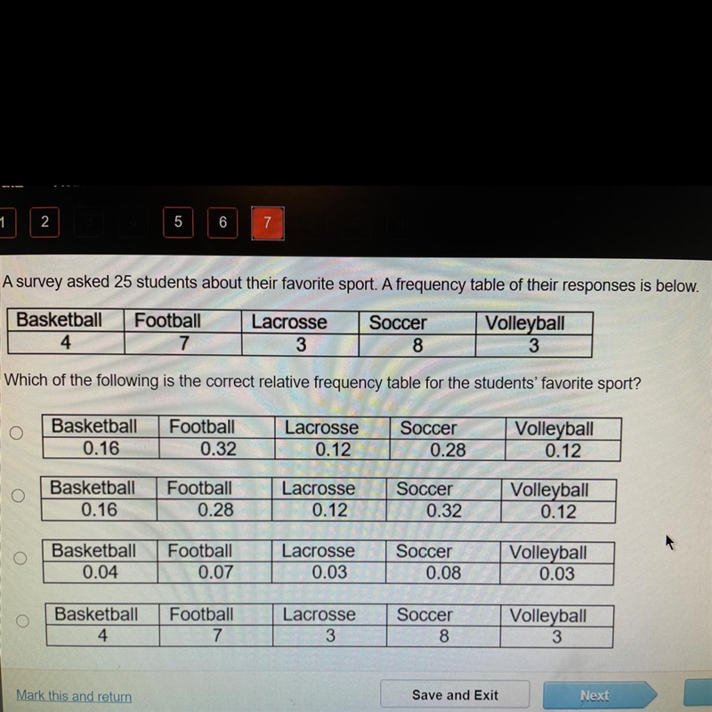 A survey asked 25 students about their favorite sport. A frequency table of their-example-1