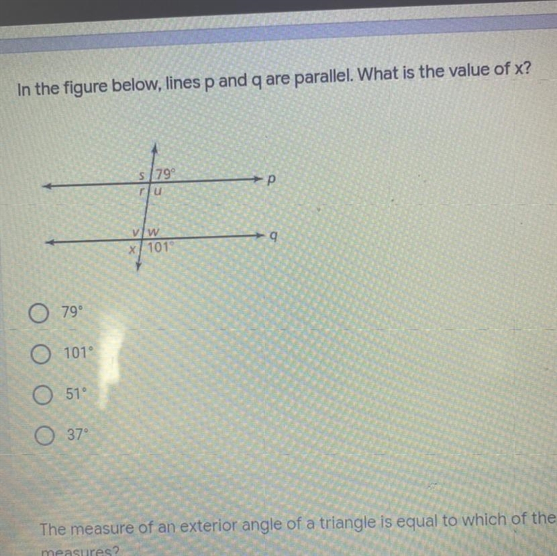 In the figure below, lines p and q are parallel. What is the value of x?-example-1