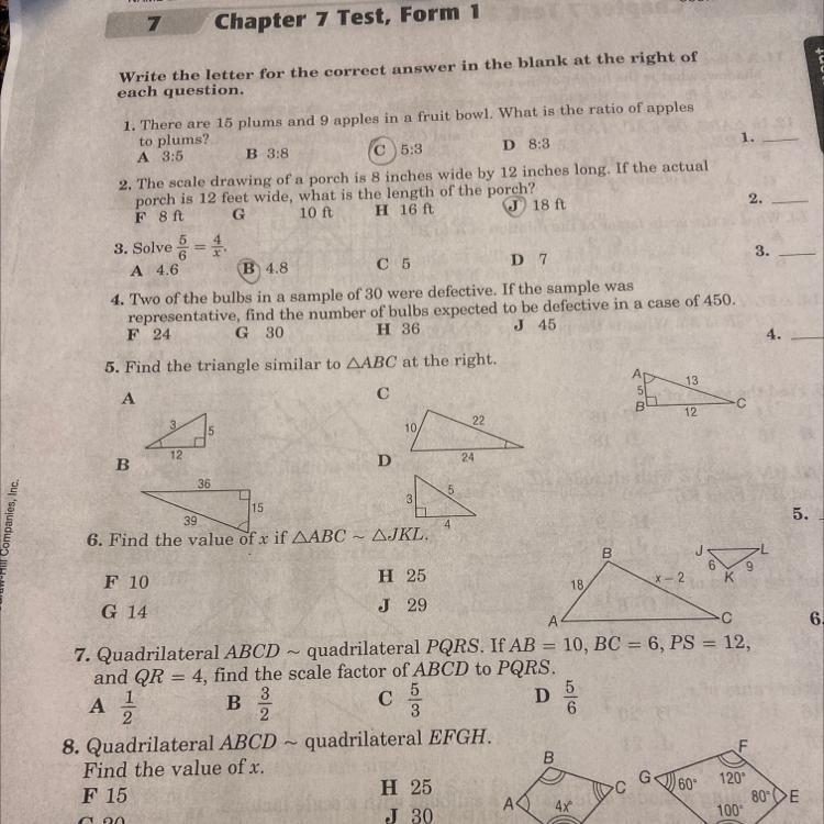 5. Find the triangle similar to AABC at the right.-example-1