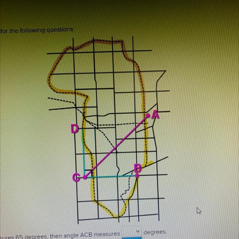 If angle DCA measures 65 degrees, then angle ACB measures _____ degrees. 90 25 65-example-1