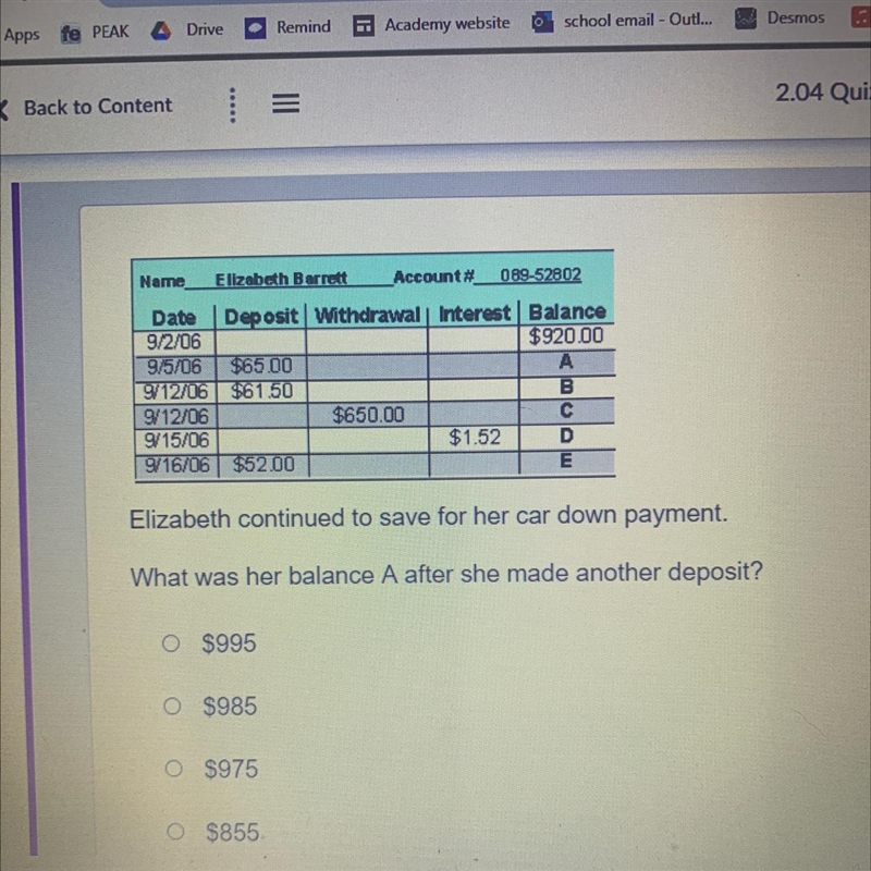 Elizabeth continued to save for her car down payment. What was her balance A after-example-1