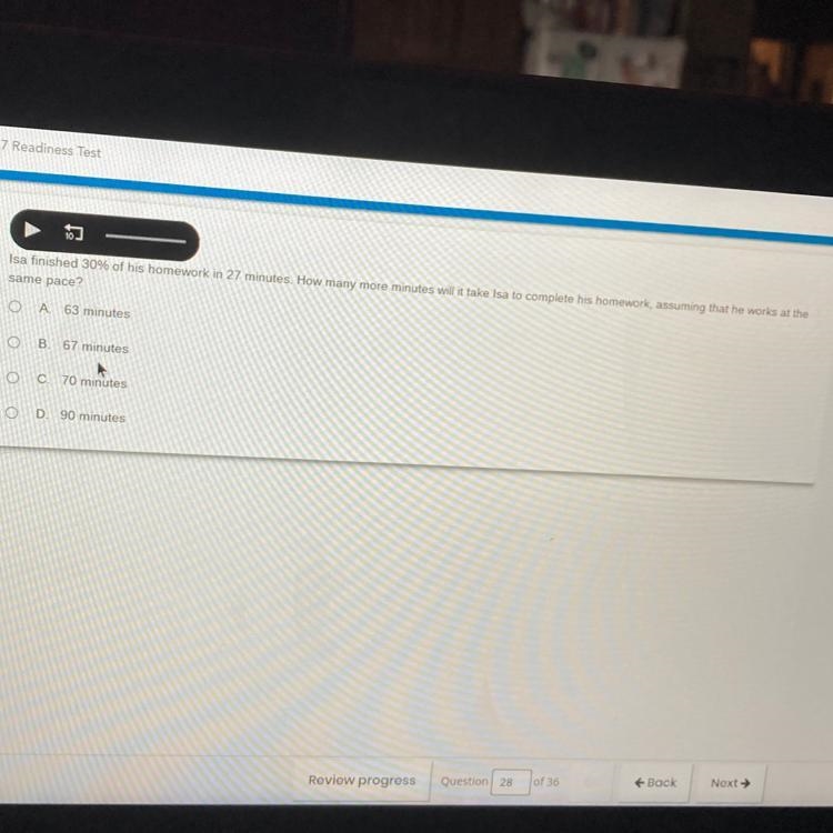 Isa finished 30% of his homework in 27 minutes. How many more minutes will it take-example-1