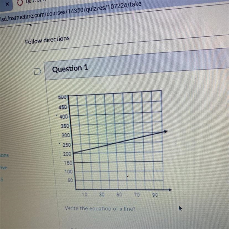 500 450 400 350 300 250 200 150 100 50 10 30 50 70 9 0 Write the equation of a line-example-1