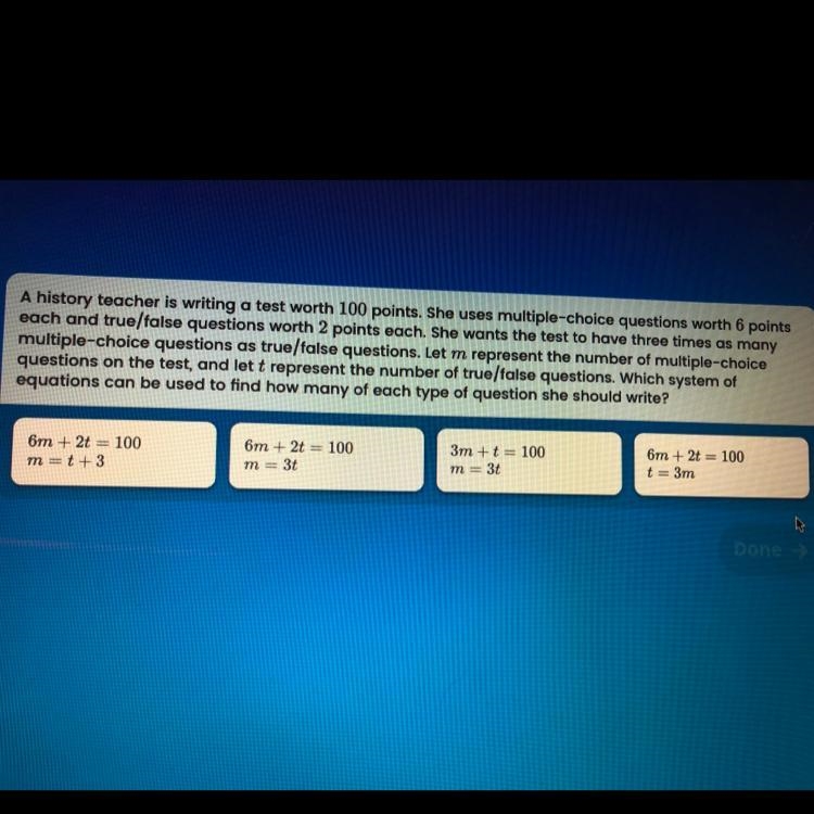 A history teacher is writing a test worth 100 points. She uses multiple-choice questions-example-1