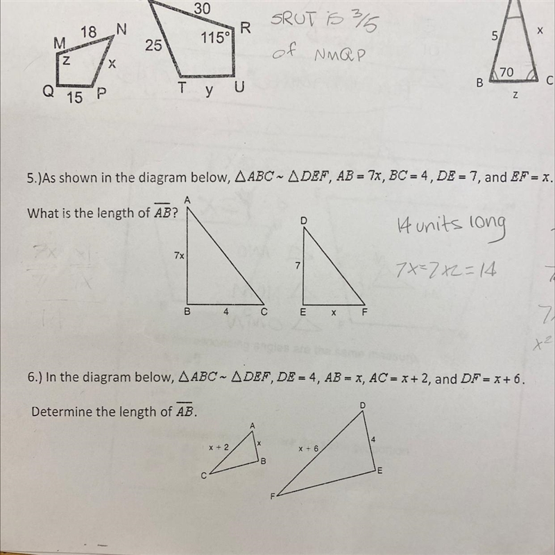 #6. In the diagram below ABC~DEF, DE=4, AB=x AC=x+2 and DF= x+6 Determine the length-example-1