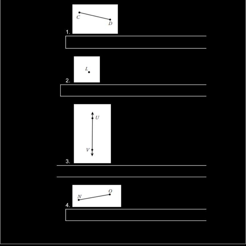 For problems 1 - 4, identify whether each figure is a point, line, or line segment-example-1