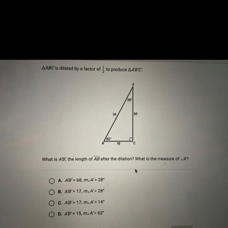 ABC is dilated by a factor of 1/2 to produce AA'B'C! helpppppp-example-1