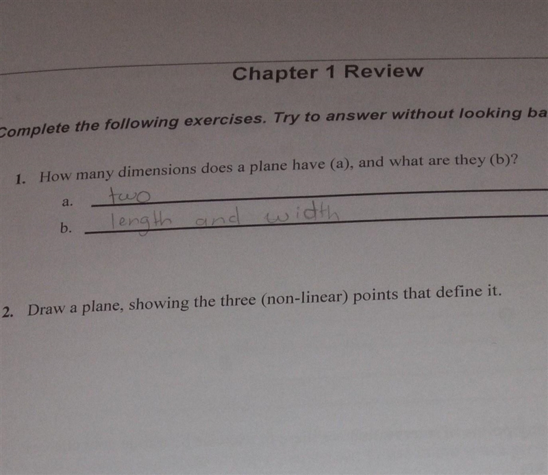 Draw a plane, showing the three (non-linear) points that define it.​-example-1