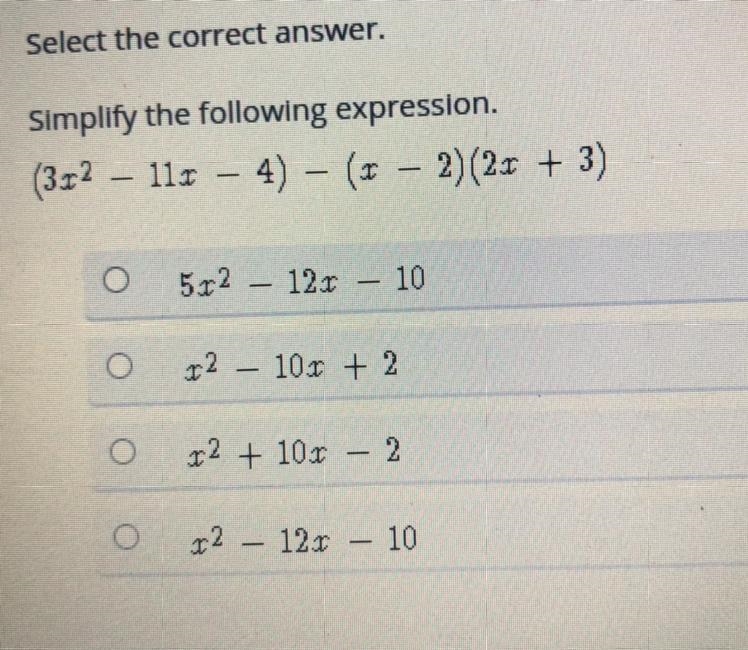 Select the correct answer. Simplify the following expression. (3x^2 - 11x - 4) – (x-example-1