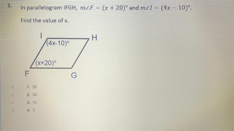 In parallelogram IFGH, mF = (x + 20° and mi (4x – 10) Find the value of x.-example-1