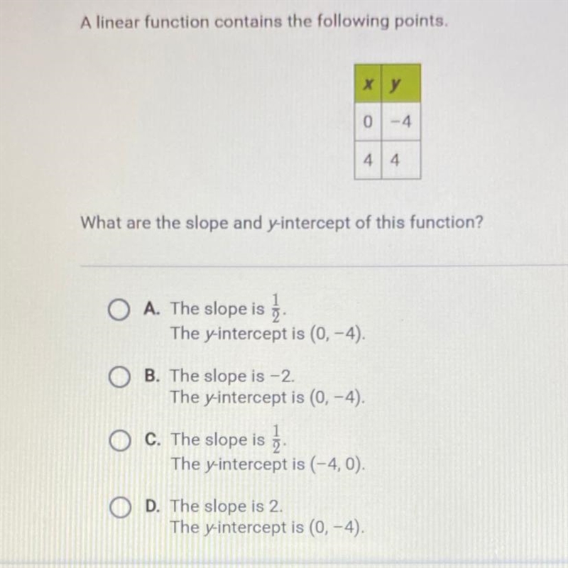 A linear function contains the following points. ху 0-4 A linear function contains-example-1