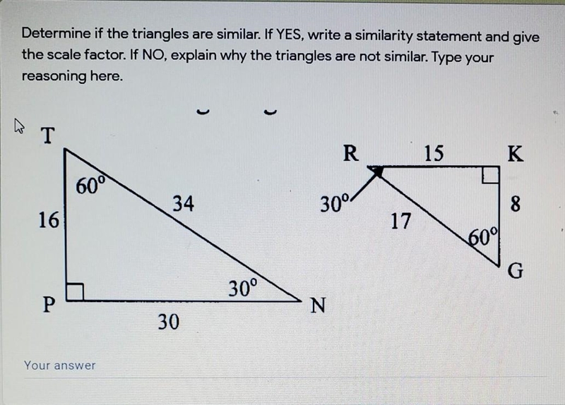 Determine if the triangles are similar. If yes, write a similarity statement and give-example-1