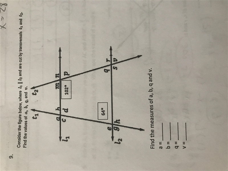 Consider the figure below where l1 ∥ l2 are cut by transversals t1 and t2. Find the-example-1