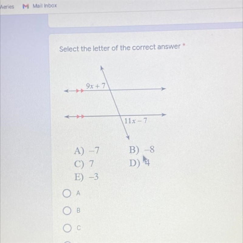 Select the letter of the correct answer A) -7 C) 7 E) -3 B) -8 D) 4-example-1