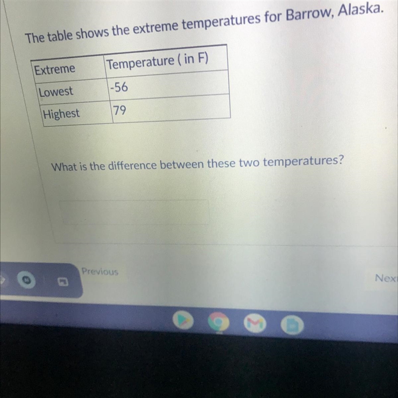 The table shows the extreme temperatures for Barrow, Alaska. Extreme Temperature ( in-example-1