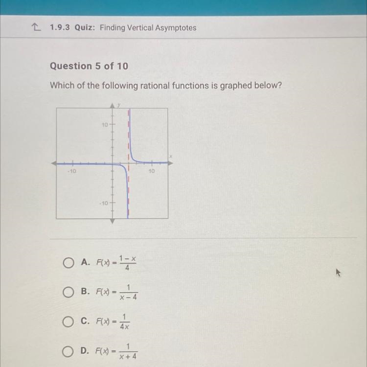 Pls help 15 points!! which of the following rational functions is graphed below?-example-1