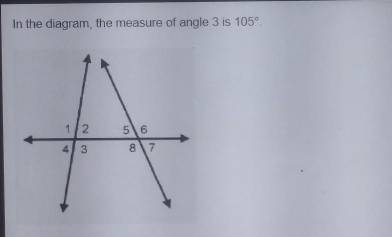 In the diagram, the measure of angle 3 is 105° Which angle must also measure 105° 1 4 6 8​-example-1