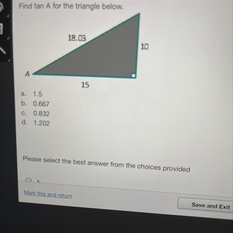 Find tan A for the triangle below.-example-1