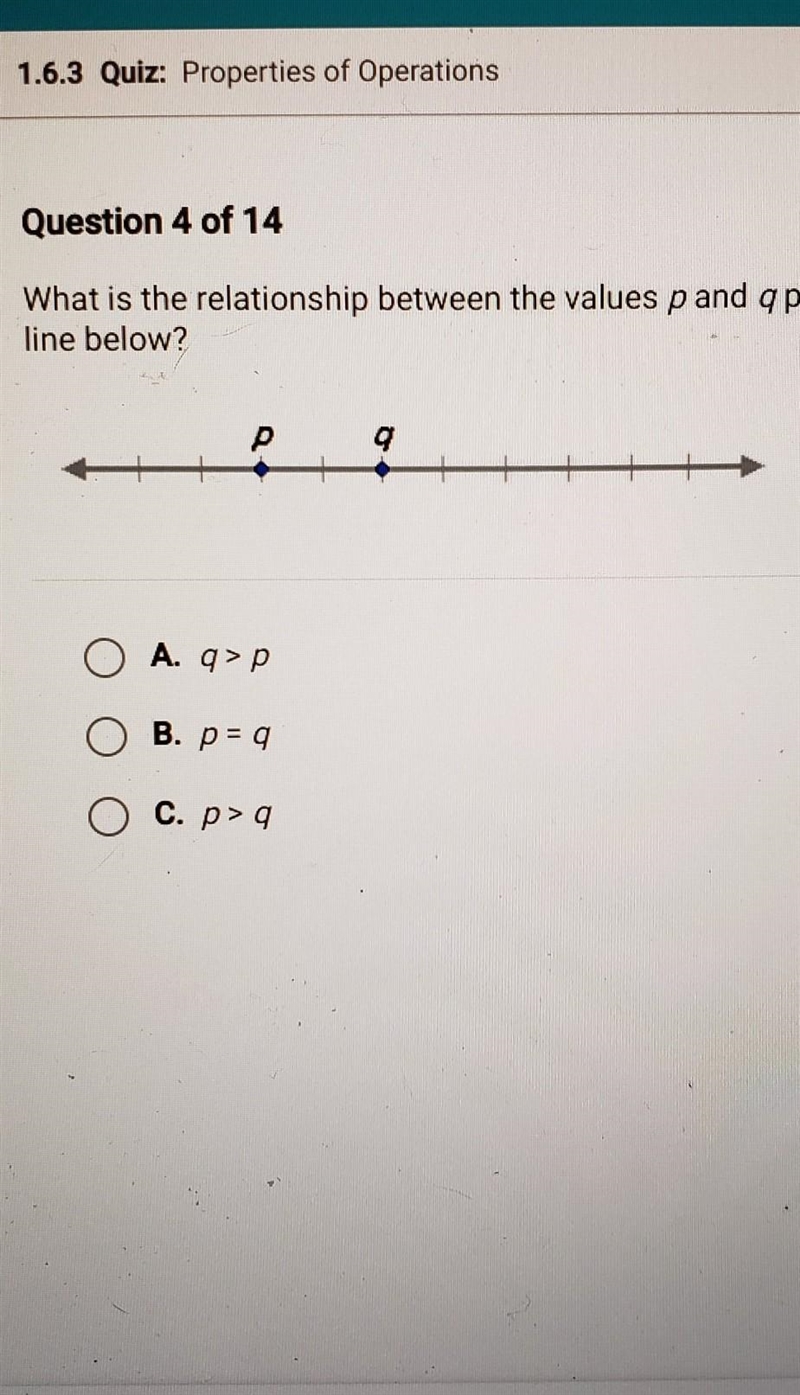 What is the relationship between the values p and q plotted on the number line below-example-1