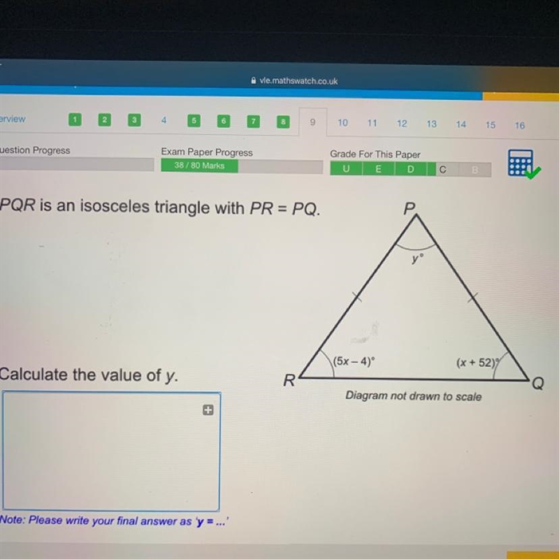 PQR is an isosceles triangle with PR = PQ. (5x -4° (x + 52) Calculate the value of-example-1