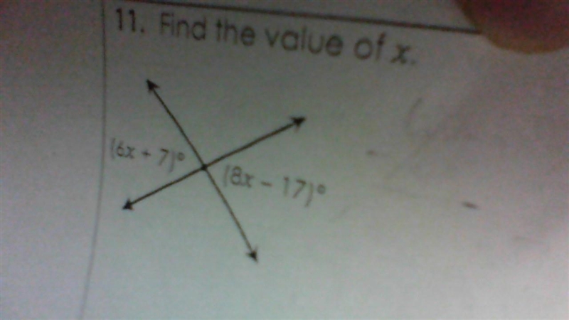 Find the value of x (6x + 7)° (8x - 17)°-example-1