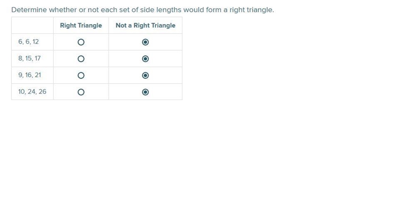 Determine whether or not each set of side lengths would form a right triangle.-example-1