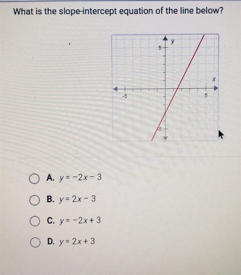 What is the slope-intercept equation of the line below? 61 -5 A. y = -2x-3 B. y= 2x-example-1