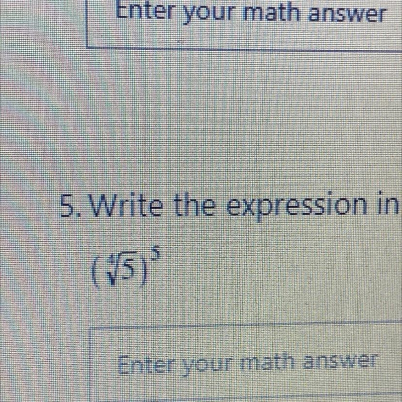 (4 square root of 5)^5 Write the expression in exponential form show work.-example-1