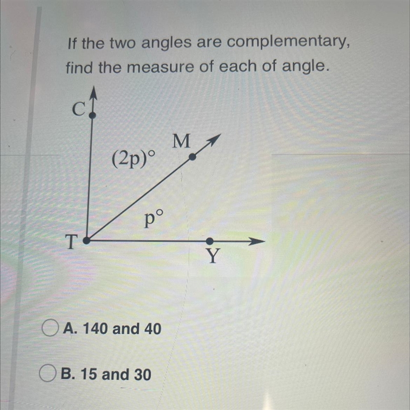 If the two angles are complementary, find the measure of each of angle. M M 1 (2p-example-1