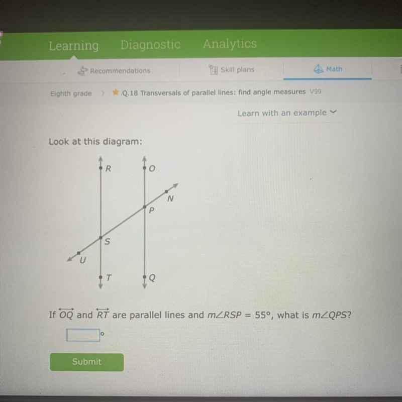 If OQ and RT are parallel lines and mZRSP = 55°, what is mZQPS?-example-1