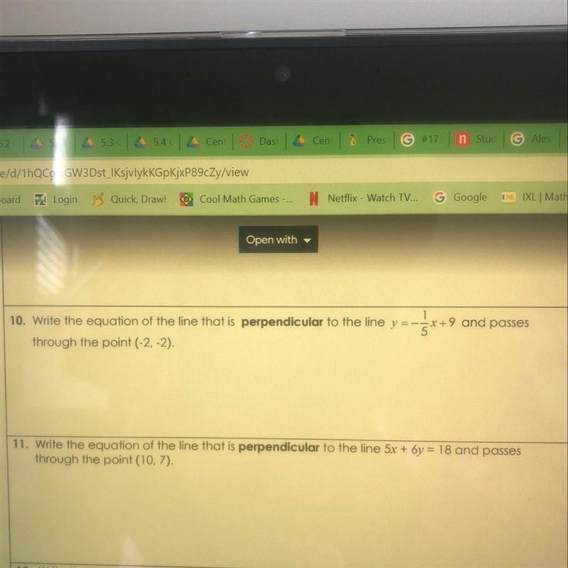 10. Write the equation of the line that is perpendicular to the line y = -1/5x +9 and-example-1