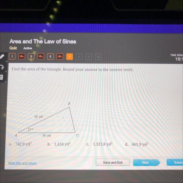 Find the area of the triangle. Round your answer to the nearest tenth. B 54 yd 270 А-example-1