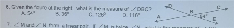 6. give the figure at the right,what is the measure of dbc A. 54° b. 36° C. 126° D-example-1