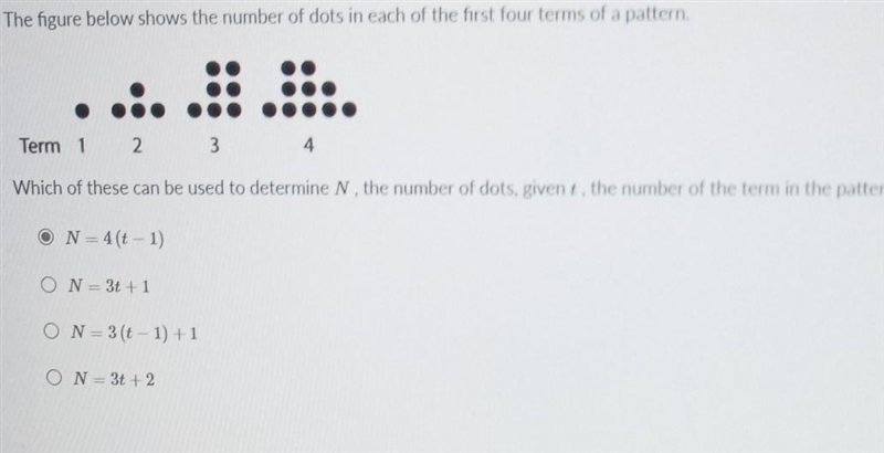 The figure below shows the number of dots in each of the first four terms ​-example-1